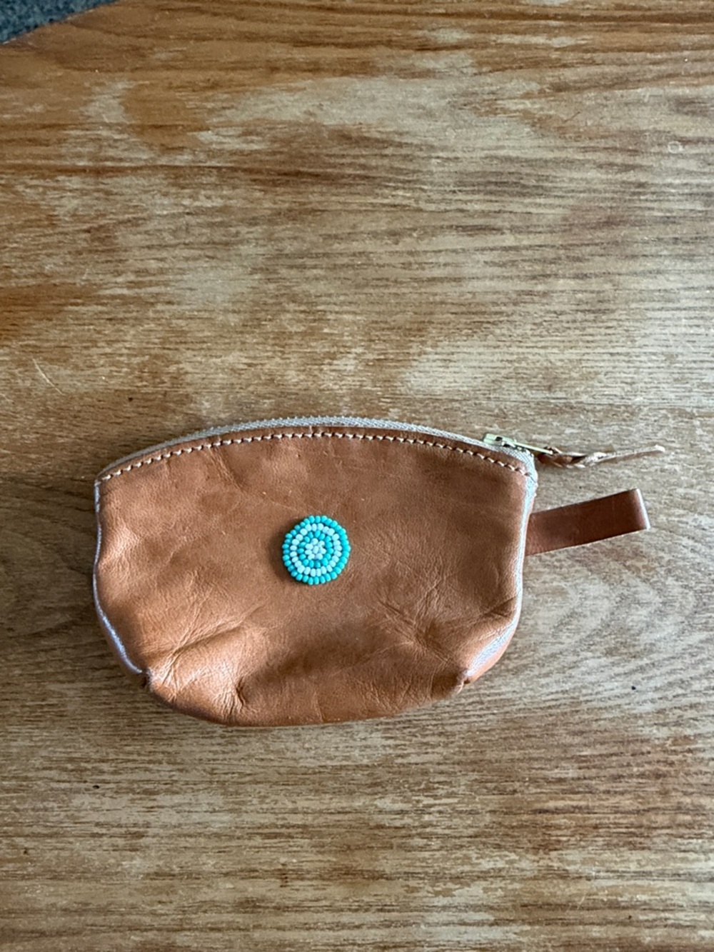 Tan Leather Change Purse with Turquoise Beaded Accent